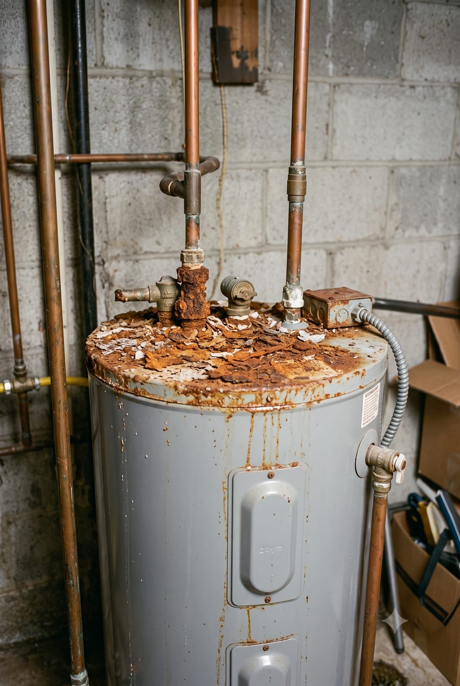 A rusted, corroded hot water tank leaking at the top fittings in a basement